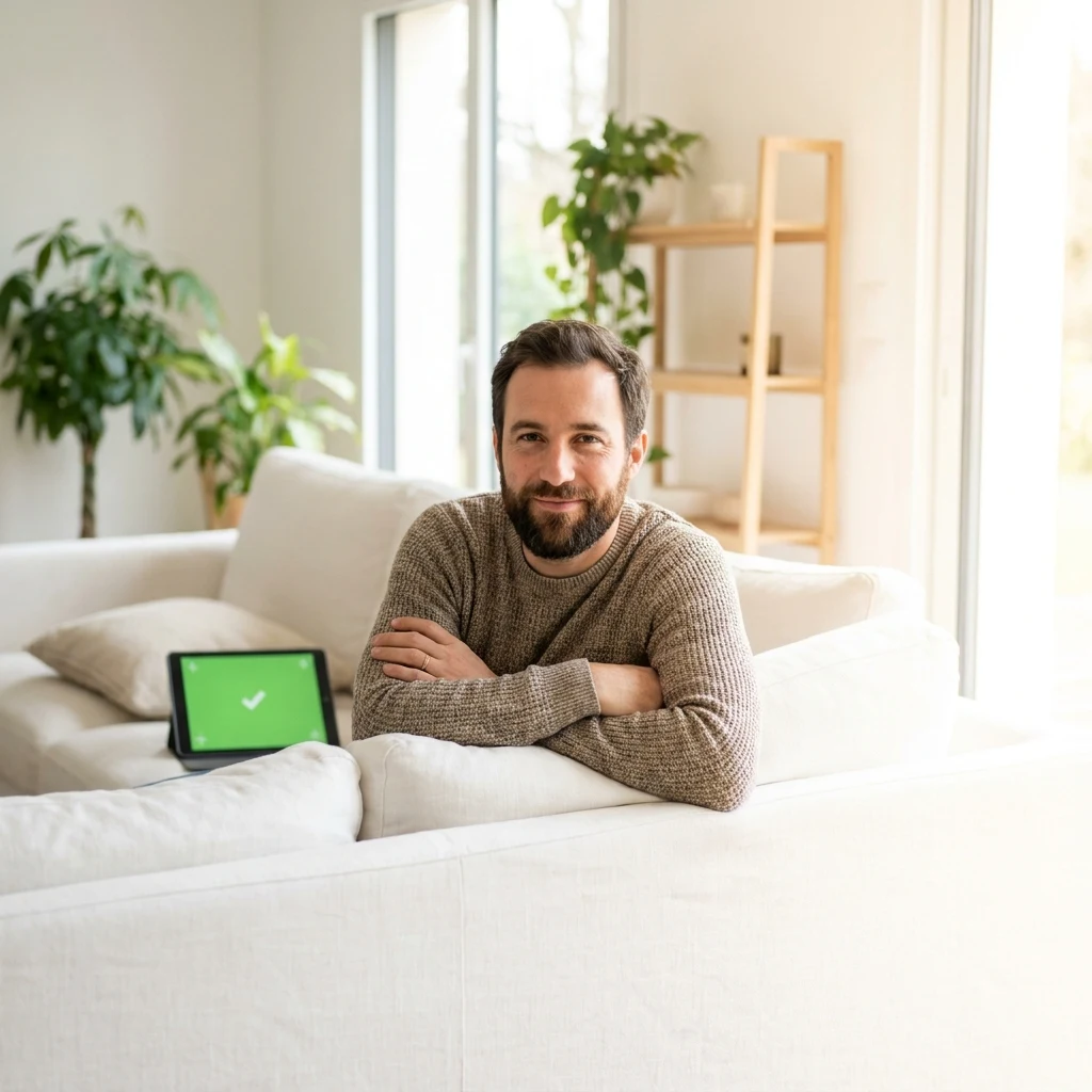 IPTV Premium Paris - Garantie satisfait ou remboursé 30 jours, support WhatsApp 7j/7 Client IPTV Premium Paris satisfait - homme souriant sur canapé avec tablette, garantie remboursement 30 jours