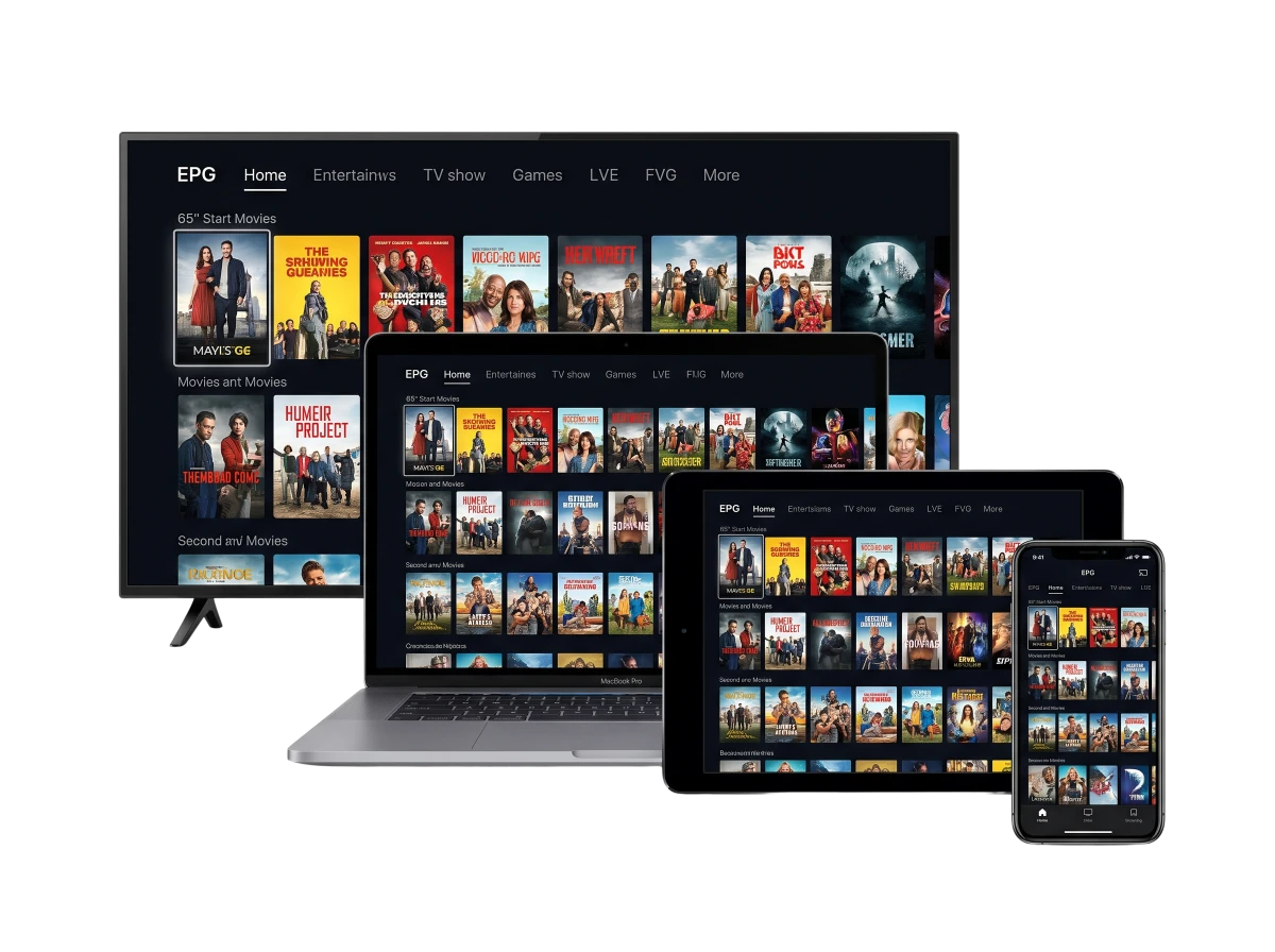 IPTV Premium Paris - Compatible Smart TV, mobile, PC, Fire Stick en HD & 4K IPTV Premium Paris multi-écrans - Smart TV, laptop, tablette et smartphone affichant +97k chaînes & VOD HD 4K