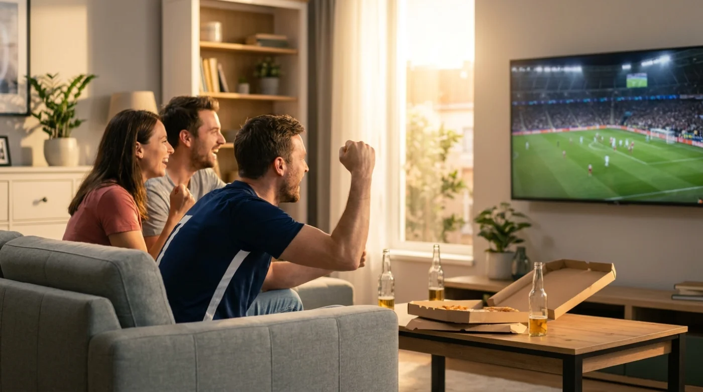 IPTV Premium Paris - Sport live, cinéma & séries en famille IPTV Premium Paris - Amis regardant le sport en direct sur grand écran, expérience streaming live